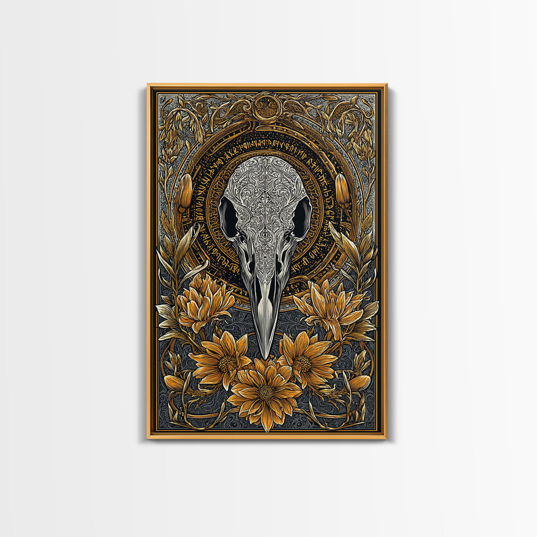 Floral Raven Skull Canvas Gold Art Canvas Art | Norse Mythology Pagan Decor for Office or Man Cave | Viking Symbol in Wood Frame