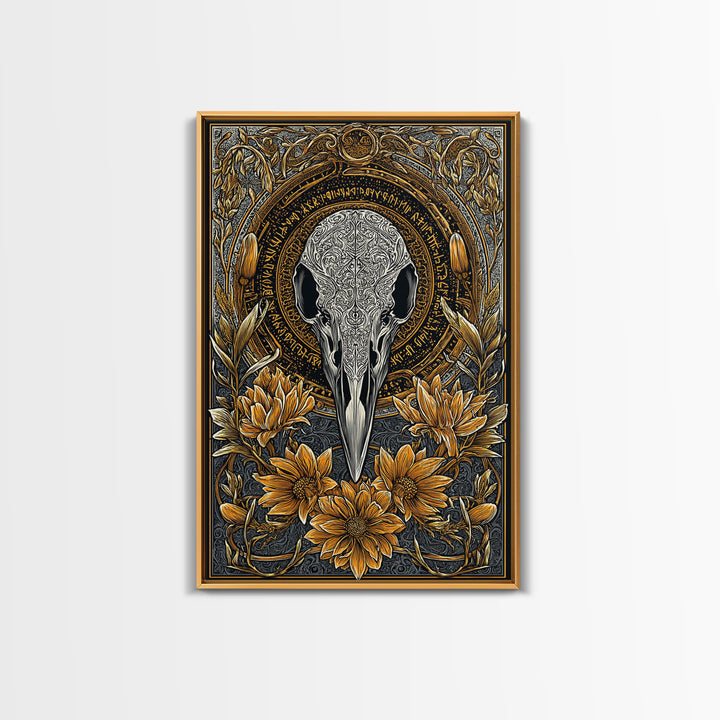 Floral Raven Skull Canvas Gold Art Canvas Art | Norse Mythology Pagan Decor for Office or Man Cave | Viking Symbol in Wood Frame