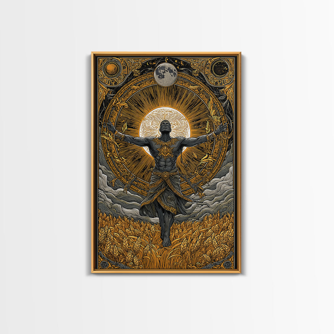 Baldr Nordic Deity Canvas Gold Art Canvas Art – Norse Mythology Sun God Wall Decor for Man Cave, Office, Dad Gift, framed wood