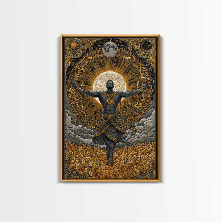 Baldr Nordic Deity Canvas Gold Art Canvas Art – Norse Mythology Sun God Wall Decor for Man Cave, Office, Dad Gift, framed wood