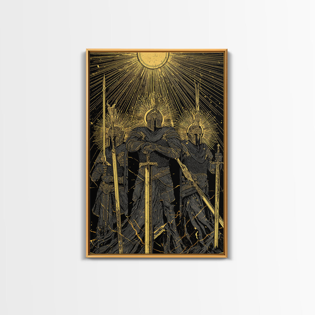 Einherjar Warriors Canvas Gold Art Canvas Art – Norse Afterlife Battle Viking Wall Decor for Dad Gift, Man Cave or Office, wood framed