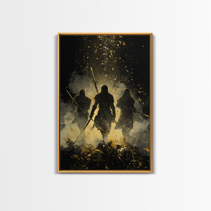 Viking Einherjar Canvas Gold Art Canvas Art – Nordic Mythology Warrior Spirits Wall Decor for Office or Man Cave, real wood frame