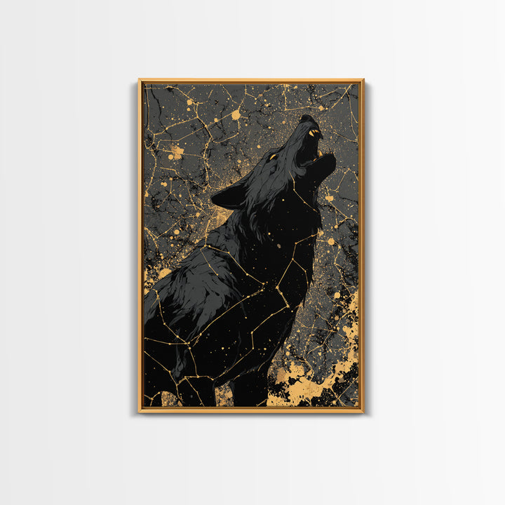 Viking Fenrir Wolf Canvas Gold Art Canvas Art Norse Mythology Wall Decor, framed in real wood, Man Cave Office Art, Nordic Dad Gift