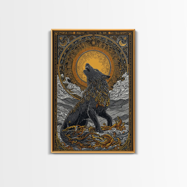 Fenrir Norse Wolf Myth Canvas Gold Art Canvas Art, Nordic Wall Decor with natural wood frame, Viking Man Cave Wall Hanging Office