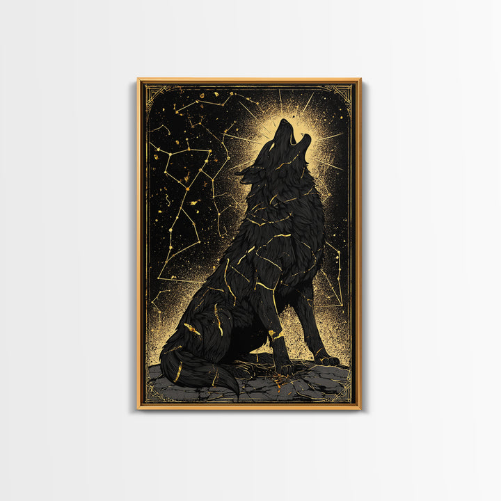 Fenrir Wolf Canvas Gold Art Canvas Art – Norse Mythology Wall Decor of Giant Wolf, Viking Office or Man Cave Gift, framed in wood