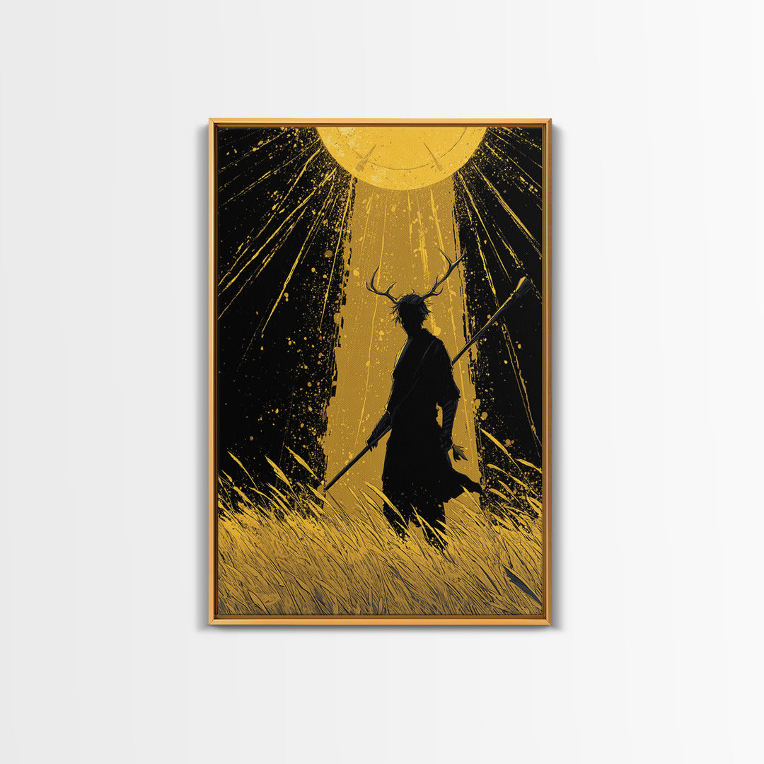 Frey Norse Deity Canvas Art Canvas Gold Art, Nordic Wall Decor in real wood frame, Viking Mythology Wall Hanging for Office or Man Cave