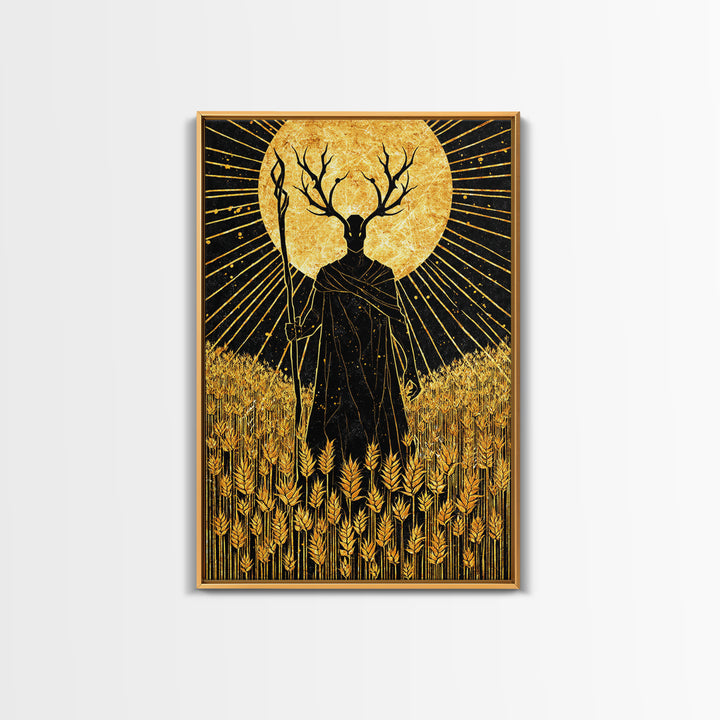 Nordic Frey God of Fertility Canvas Gold Art Canvas Art, Viking Mythology Wall Decor, natural wood framed art, Office and Dad Gift