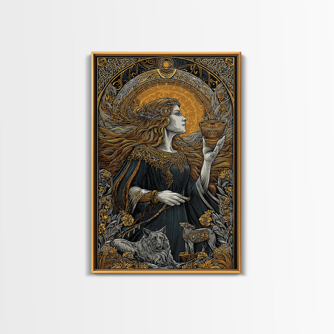 Norse Goddess Freyja Canvas Gold Art Canvas Art, Viking Wall Decor framed in natural wood, Nordic Office Art and Unique Gift for Him