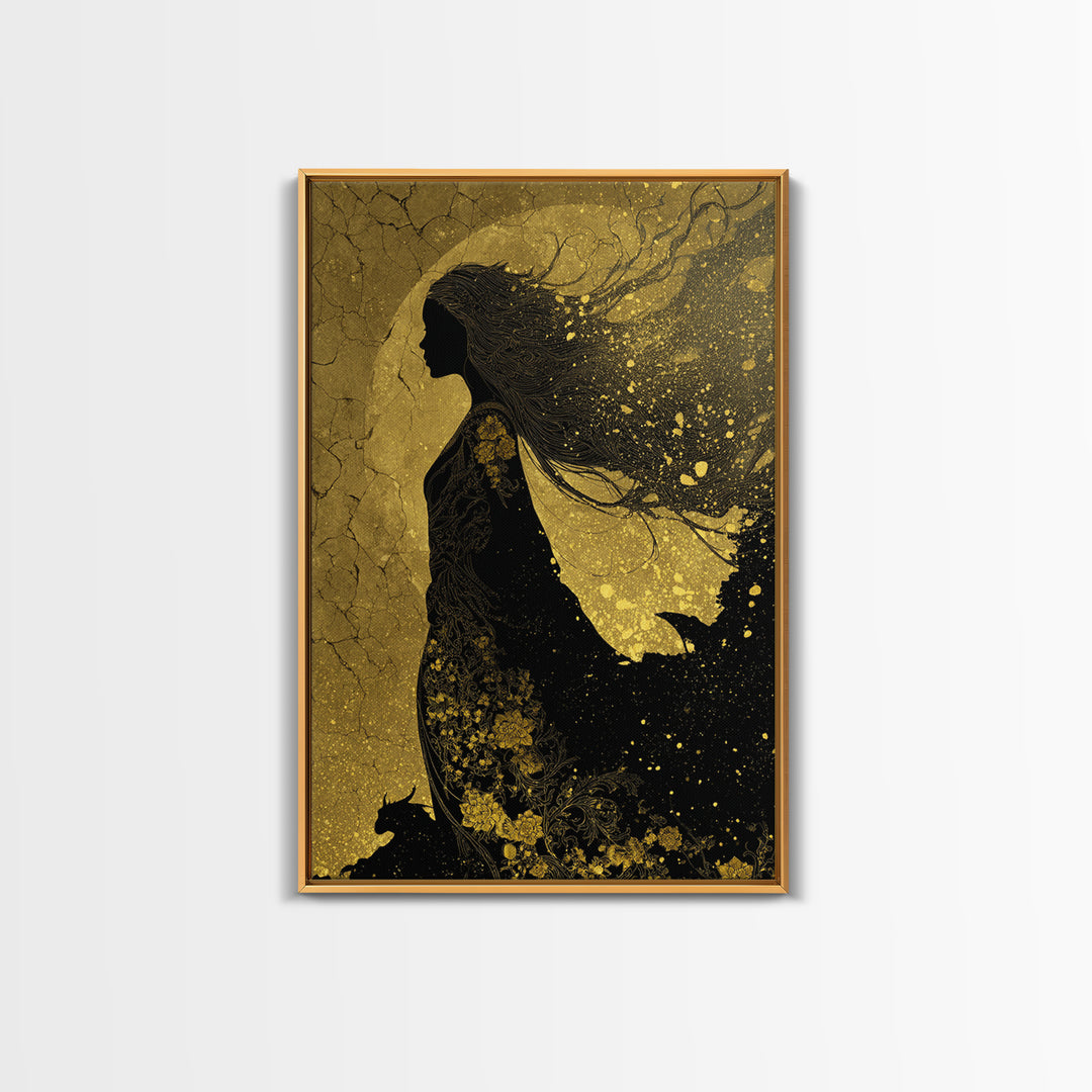 Freyja Norse Goddess Canvas Gold Art Canvas Art, Viking Mythology Wall Decor, framed in real wood, Elegant Office and Man Cave Gift