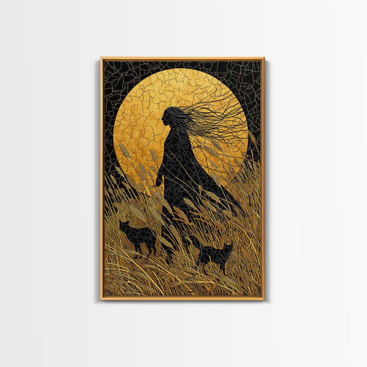 Frigg Norse Goddess Canvas Gold Art Canvas Art, Nordic Wall Decor framed in natural wood, Viking Mythology Wall Art for Office or Gift