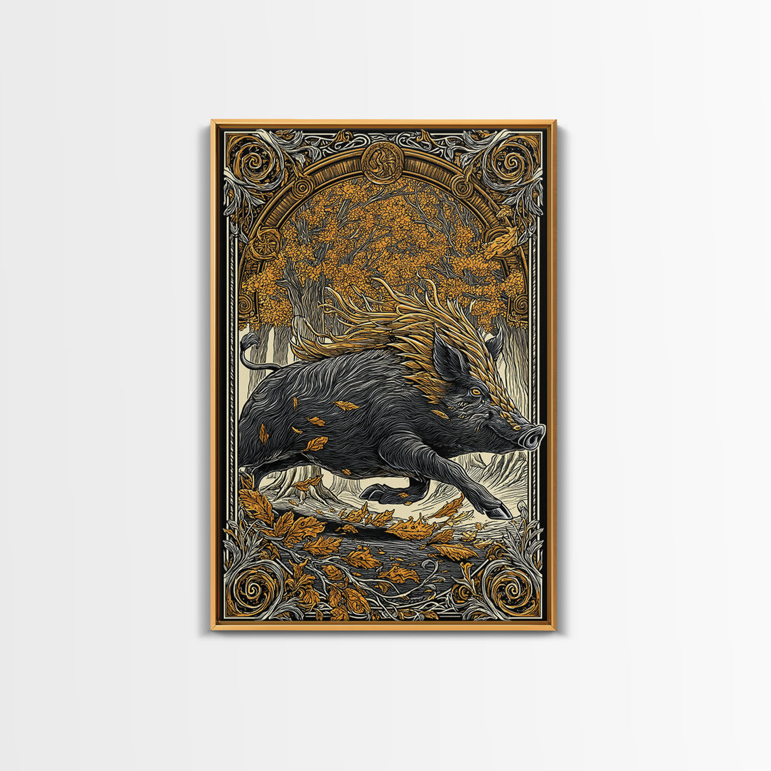 Norse Boar Gullinbursti Canvas Gold Art Canvas Art Viking Wall Decor Nordic Mythology Gift Dad Office Art framed in solid wood