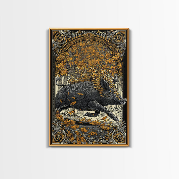 Norse Boar Gullinbursti Canvas Gold Art Canvas Art Viking Wall Decor Nordic Mythology Gift Dad Office Art framed in solid wood