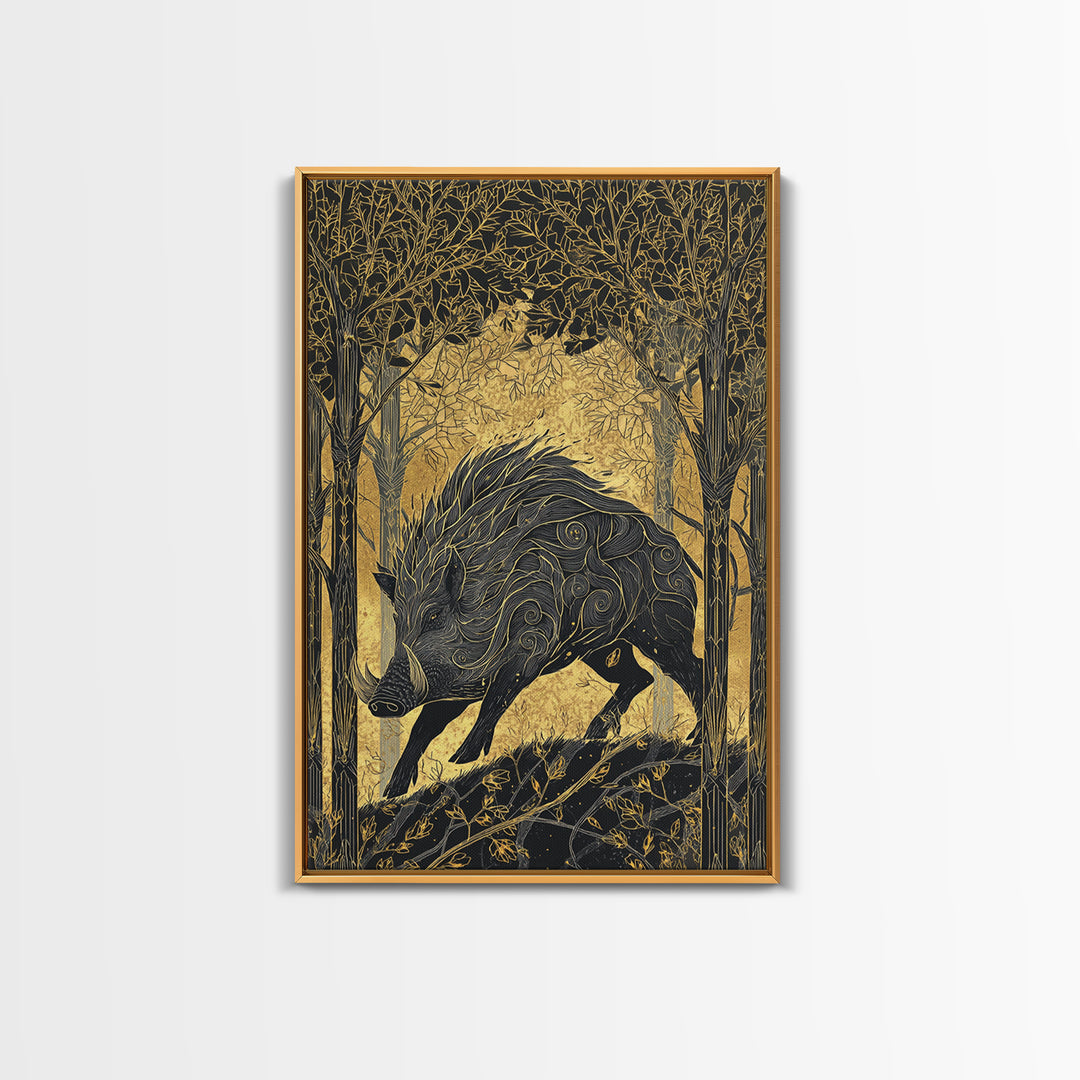 Gullinbursti Boar Norse Mythology Print Canvas Gold Art Canvas Art Nordic Wall Decor Viking Man Cave Art with real wood frame