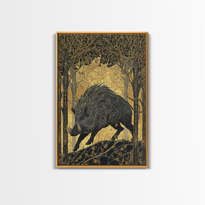 Gullinbursti Boar Norse Mythology Print Canvas Gold Art Canvas Art Nordic Wall Decor Viking Man Cave Art with real wood frame