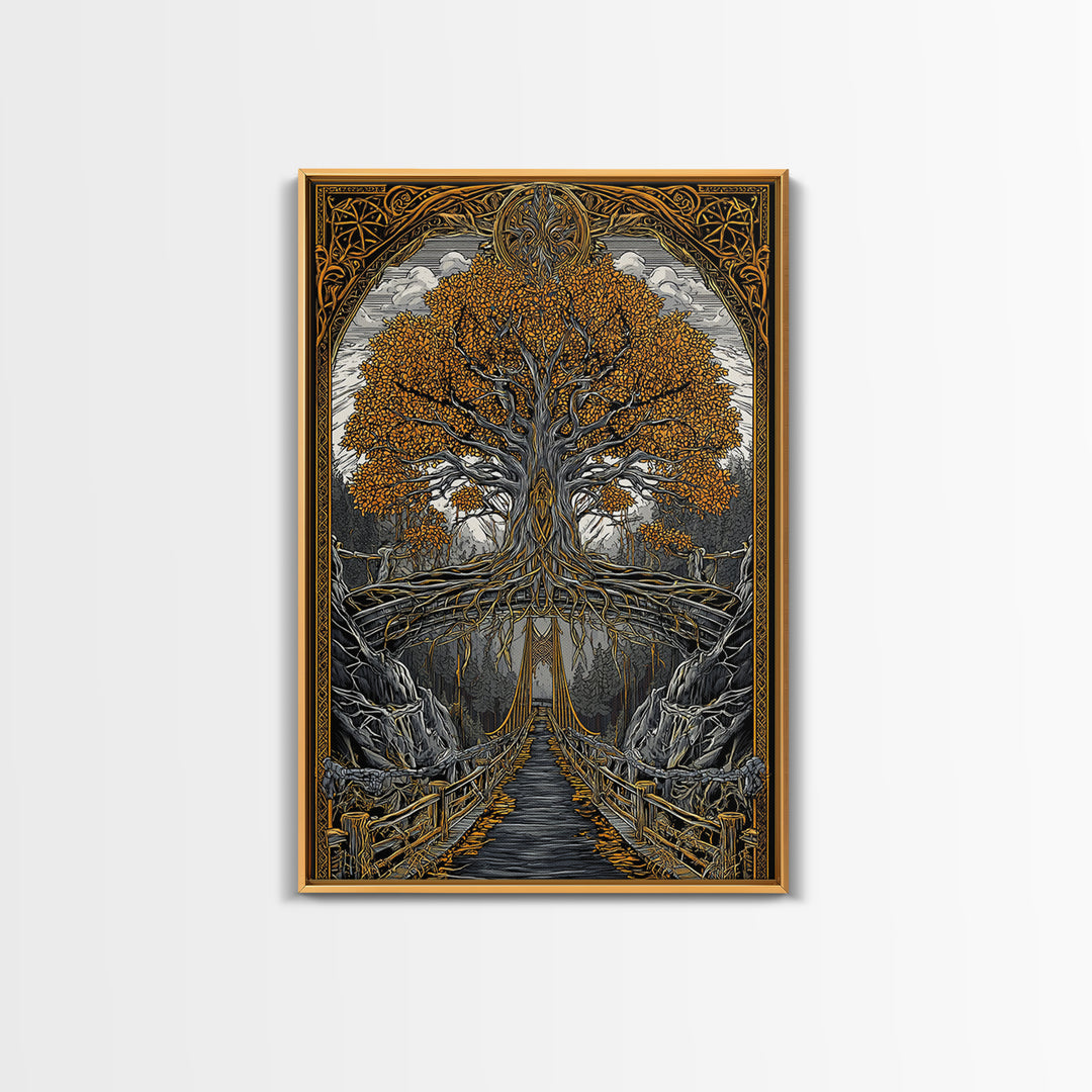 Nordic Helheim Bridge Mythology Print Canvas Gold Art Canvas Art Viking Wall Decor for Men Office or Dad Gift framed in wood