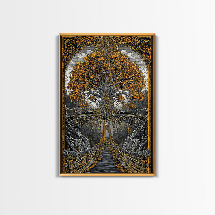 Nordic Helheim Bridge Mythology Print Canvas Gold Art Canvas Art Viking Wall Decor for Men Office or Dad Gift framed in wood