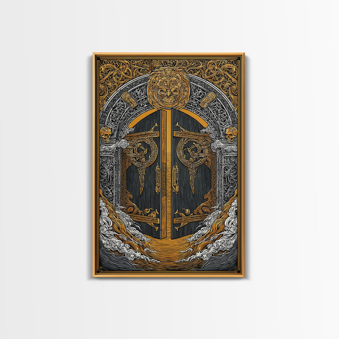 Helheim Norse Realm of the Dead Canvas Gold Art Canvas Art Viking Mythology Wall Art Office Decor Man Cave framed in wood trim