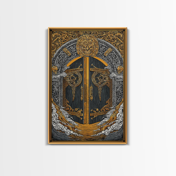 Helheim Norse Realm of the Dead Canvas Gold Art Canvas Art Viking Mythology Wall Art Office Decor Man Cave framed in wood trim