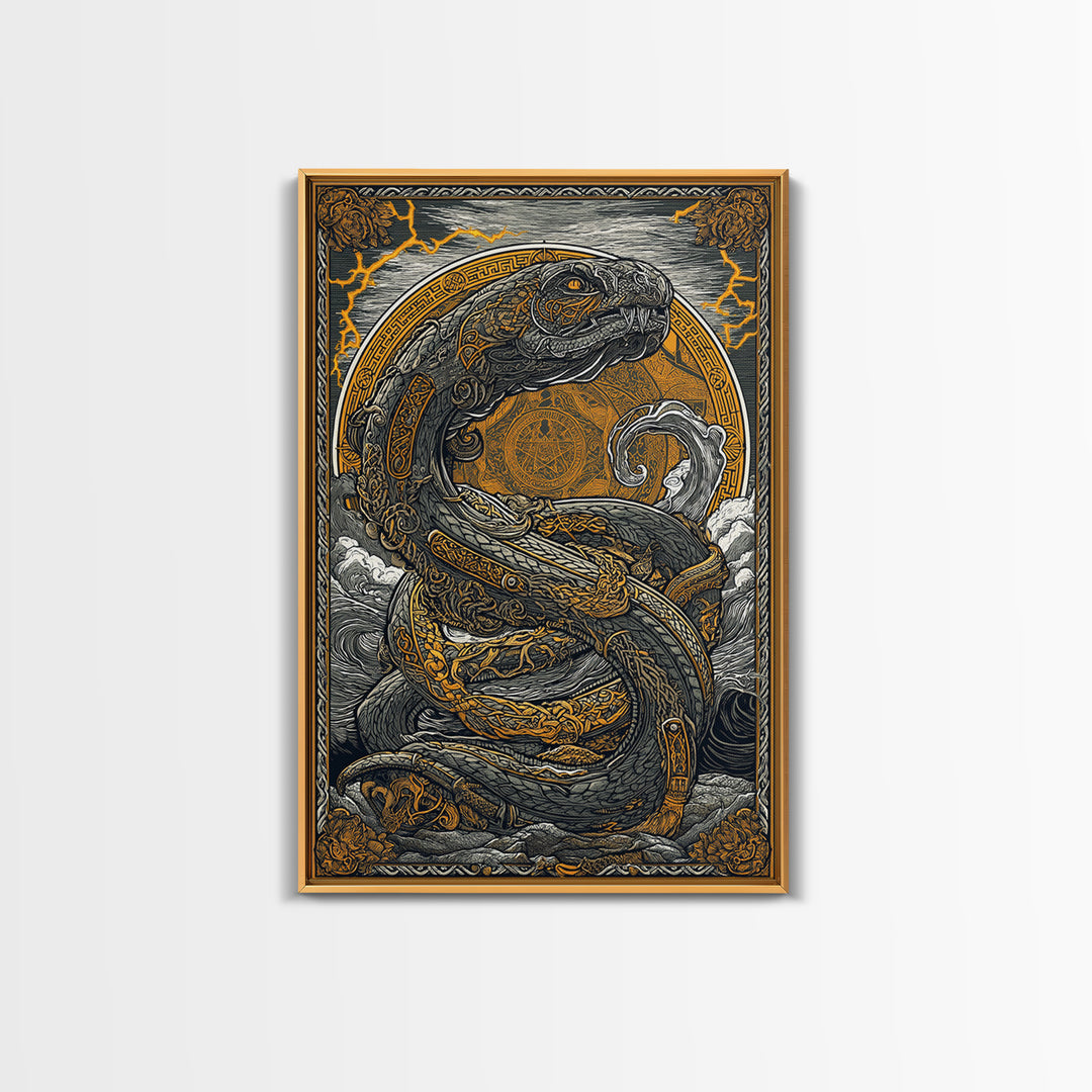 Norse Jrmungandr Canvas Gold Art Canvas Art | Viking Serpent Wall Decor | Mythology Office Art framed in natural wood