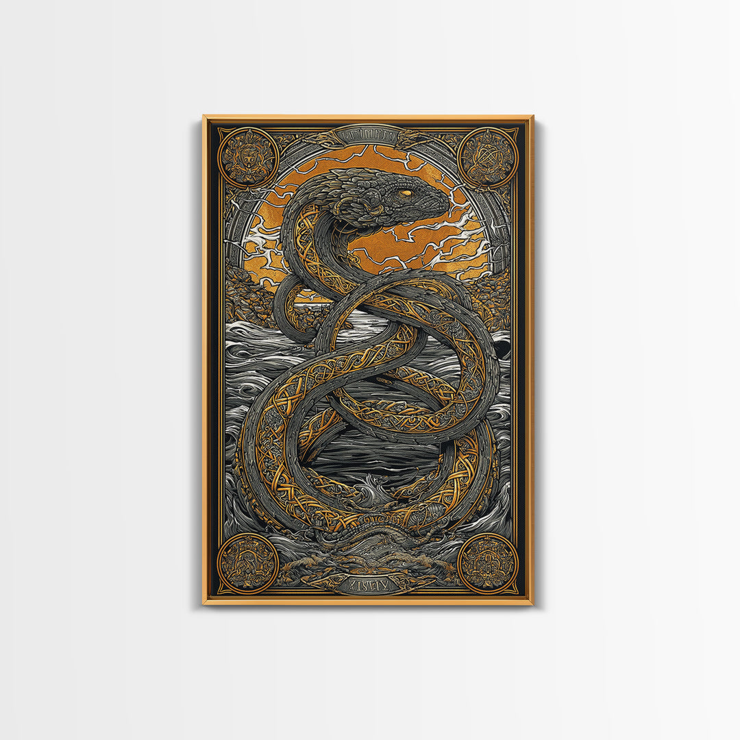 Nordic Mythology Jrmungandr Serpent Canvas Gold Art Canvas Art | Viking Decor | Man Cave Gift framed in rustic wood