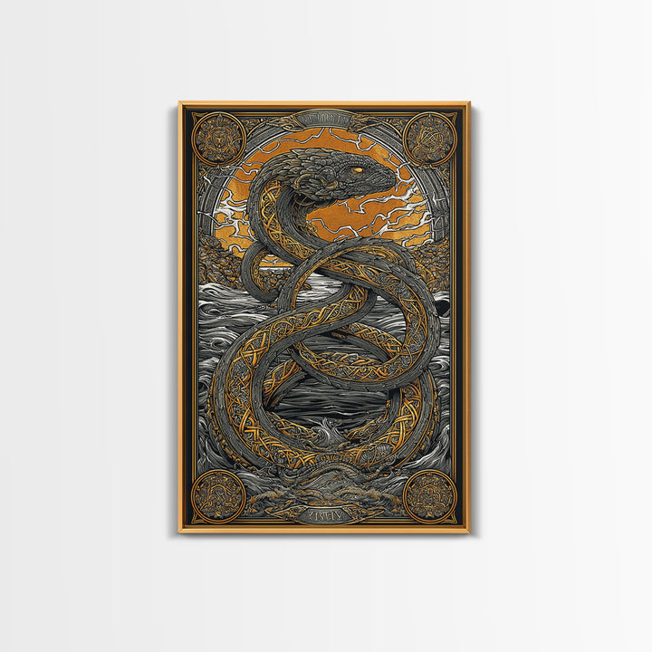 Nordic Mythology Jrmungandr Serpent Canvas Gold Art Canvas Art | Viking Decor | Man Cave Gift framed in rustic wood