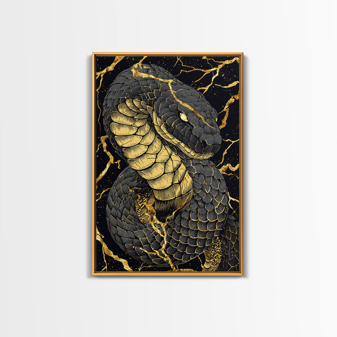 Jormungandr Midgard Serpent Canvas Gold Art Canvas Art Viking Mythology Wall Decor Nordic Office Man Cave Gift with wood frame