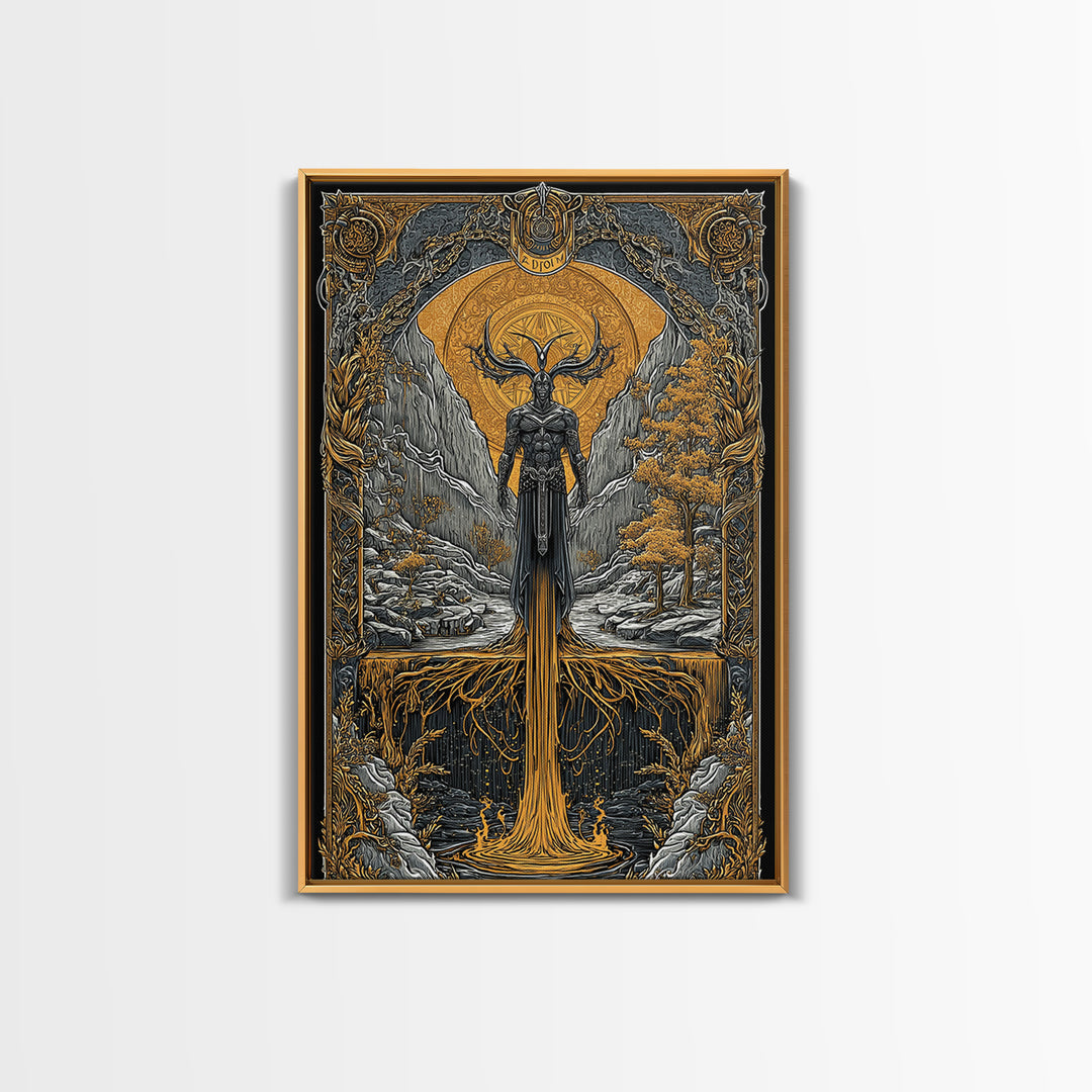 Nordic Loki Canvas Gold Art Canvas Art | Viking God of Mischief Wall Decor | Norse Office Art Gift in real wood frame