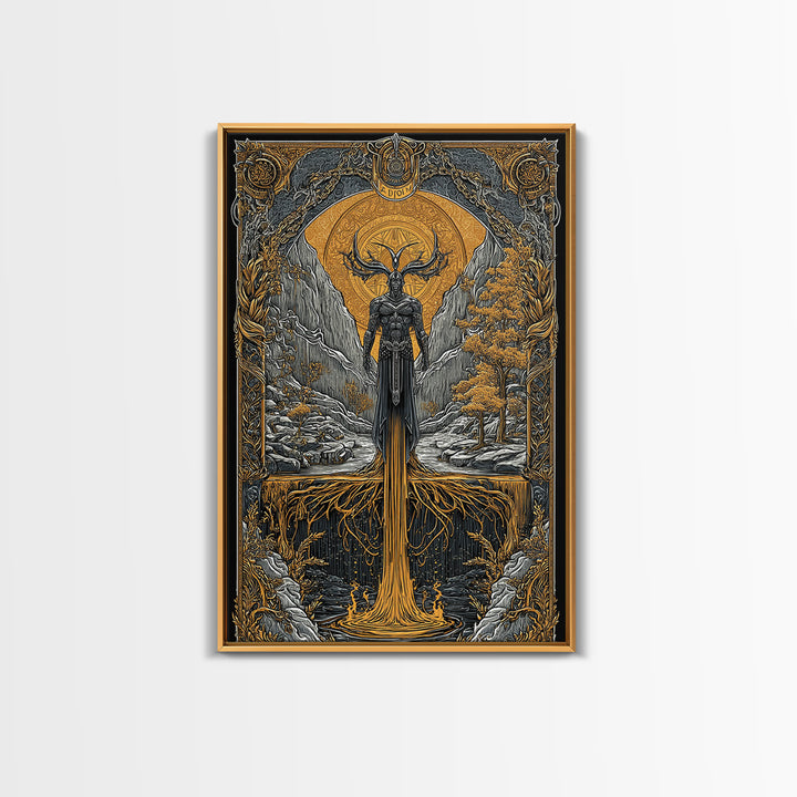 Nordic Loki Canvas Gold Art Canvas Art | Viking God of Mischief Wall Decor | Norse Office Art Gift in real wood frame