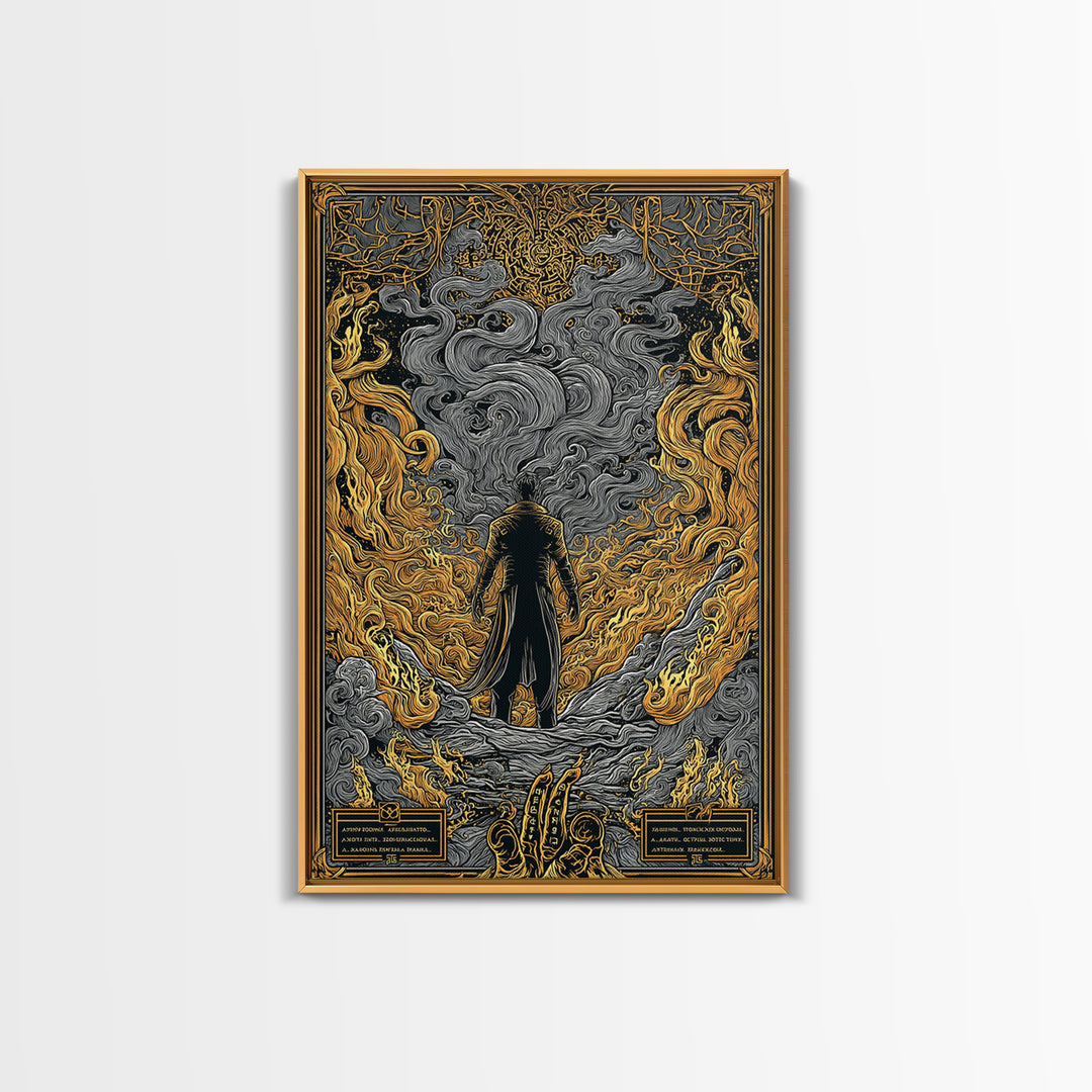 Canvas Gold Art Loki Norse God Canvas Art | Viking Wall Decor | Nordic Mythology Office Art Gift in natural wood frame