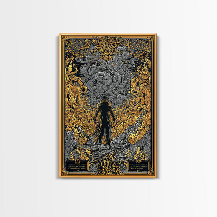 Canvas Gold Art Loki Norse God Canvas Art | Viking Wall Decor | Nordic Mythology Office Art Gift in natural wood frame