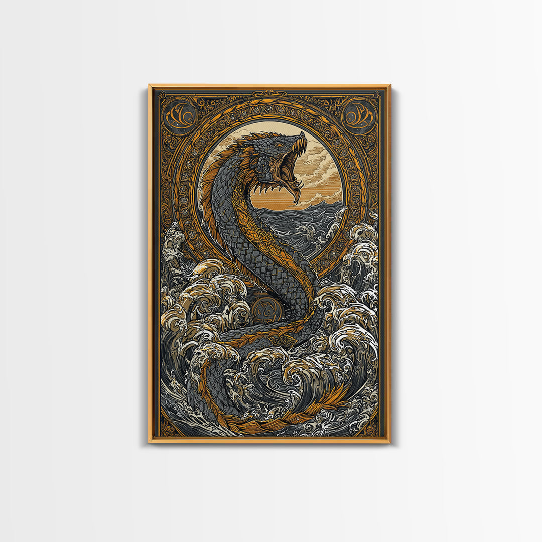 Midgard Norse Landscape Canvas Gold Art Canvas Art | Viking World Tree Inspired Decor | Mythology Office Art framed wood