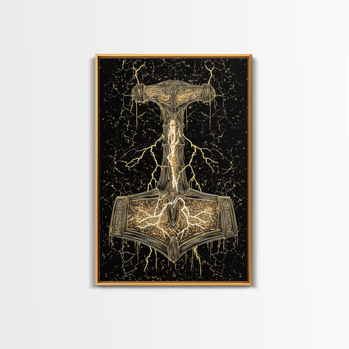 Thor’s Hammer Mjolnir Norse Mythology Canvas Gold Art, Viking Canvas Art with Lightning, framed in natural real wood for office décor