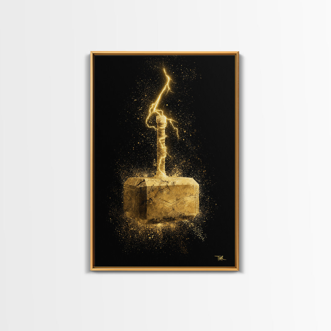Canvas Gold Art of Thor’s Hammer Mjolnir, Norse Mythology inspired Canvas Art, Viking Man Cave wall décor with real wood framing