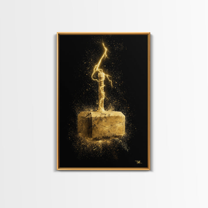 Canvas Gold Art of Thor’s Hammer Mjolnir, Norse Mythology inspired Canvas Art, Viking Man Cave wall décor with real wood framing