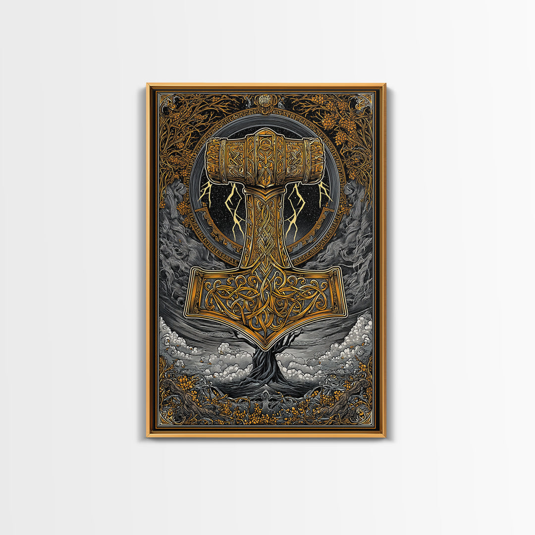 Norse Mythology Mjolnir Hammer Artwork, Canvas Gold Art and Viking Canvas Art, framed in real wood, Nordic office and dad gift décor