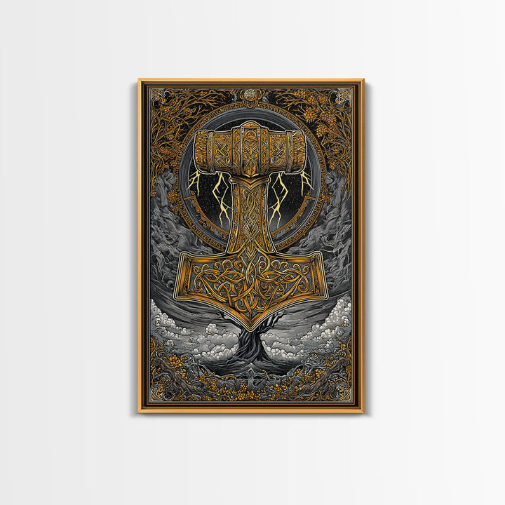 Norse Mythology Mjolnir Hammer Artwork, Canvas Gold Art and Viking Canvas Art, framed in real wood, Nordic office and dad gift décor