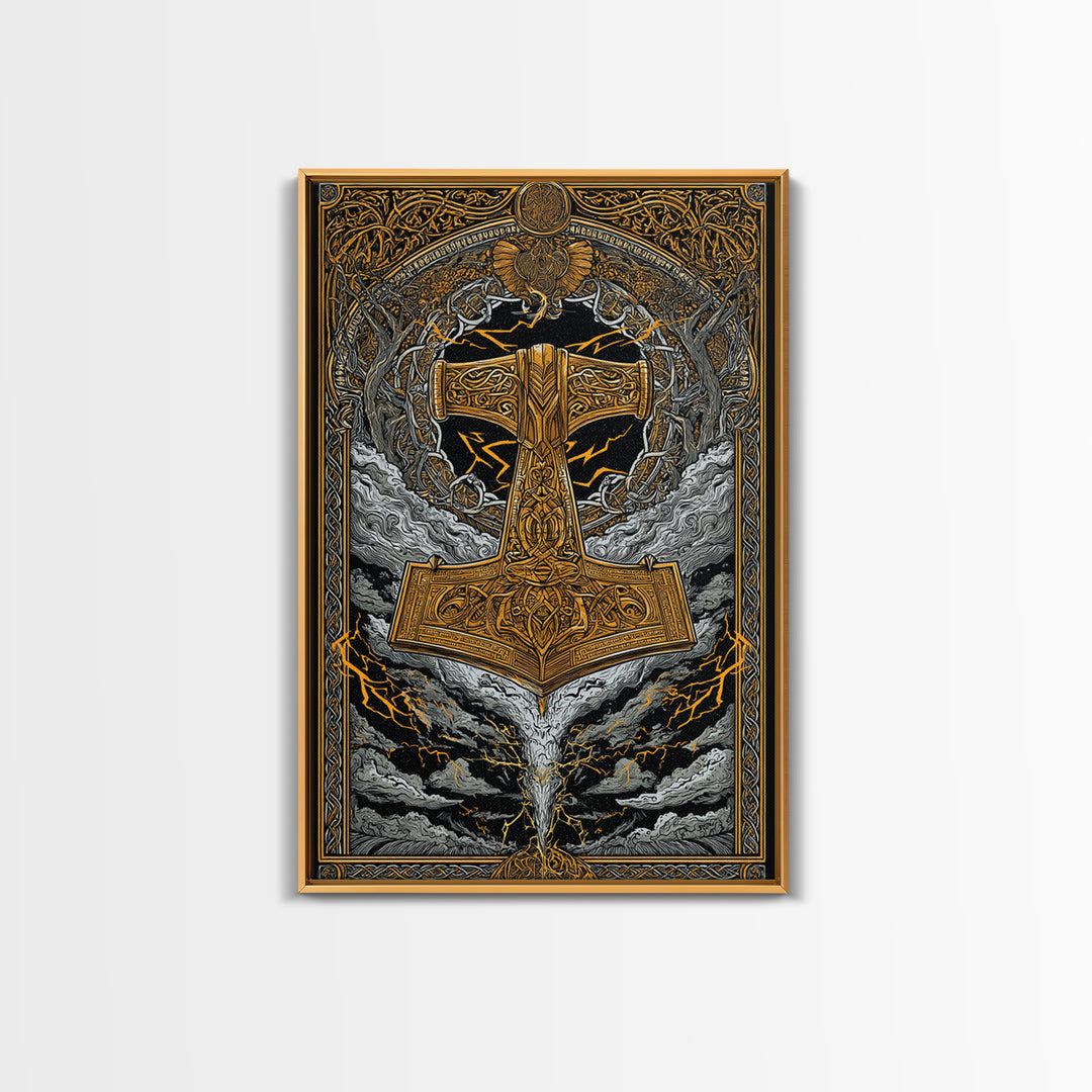 Viking Thor’s Hammer Mjolnir Wall Art, Canvas Gold Art and Canvas Art, Norse Mythology inspired office décor framed in solid wood