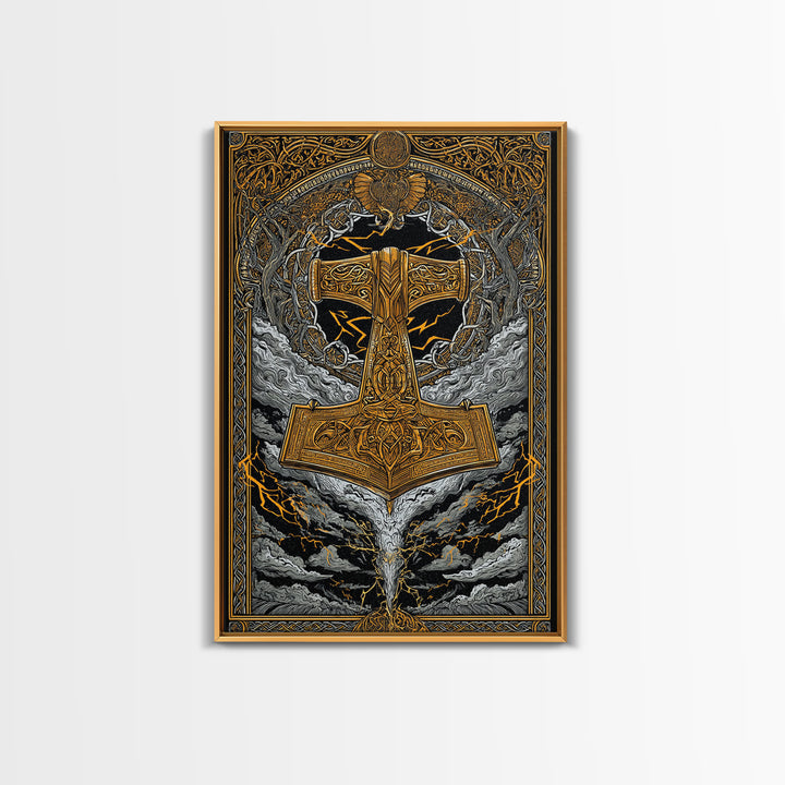 Viking Thor’s Hammer Mjolnir Wall Art, Canvas Gold Art and Canvas Art, Norse Mythology inspired office décor framed in solid wood