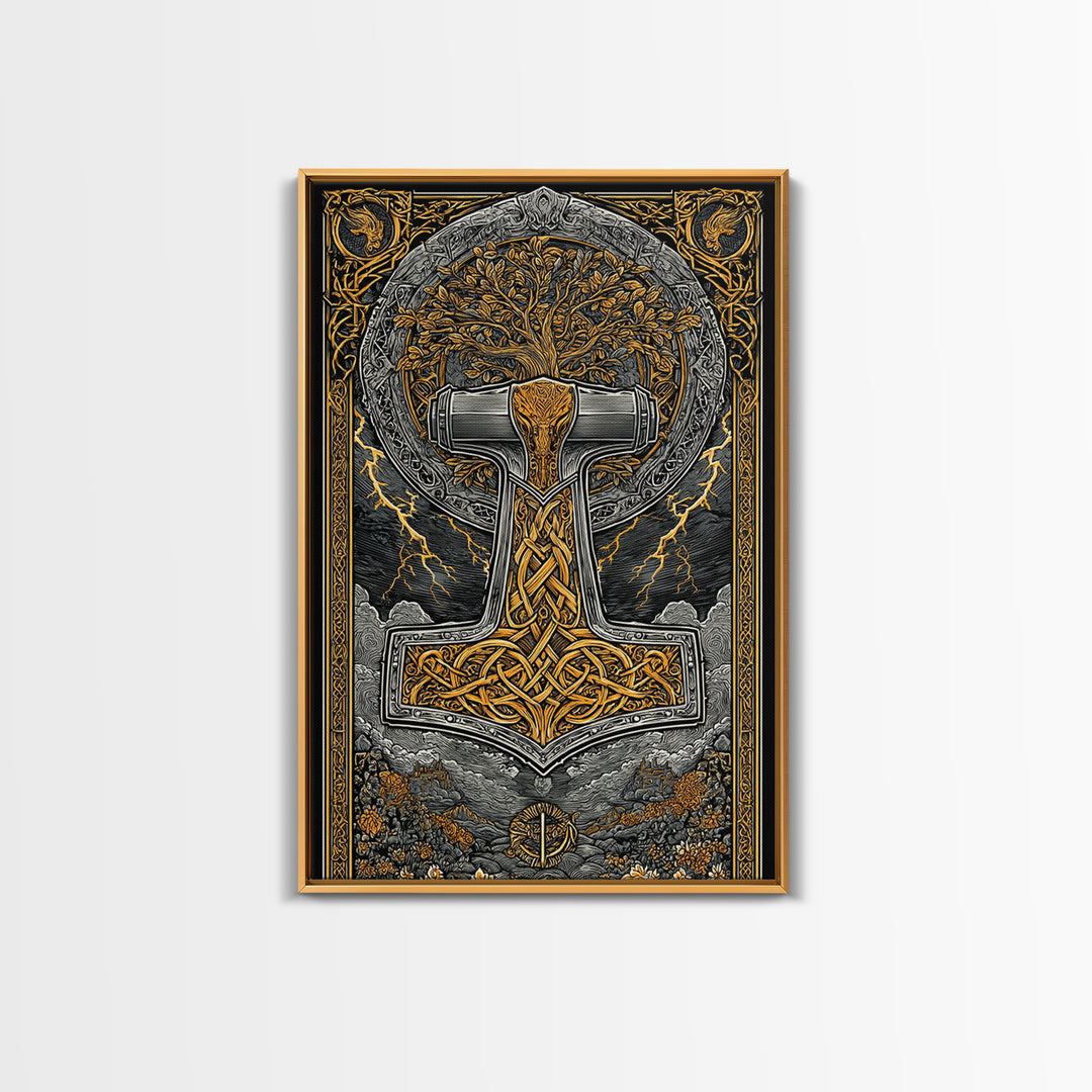 Canvas Gold Art featuring Mjolnir, Thor’s Hammer of Norse Mythology, Viking Canvas Art framed in natural wood for man cave or office