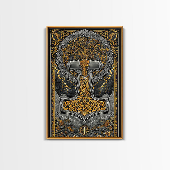 Canvas Gold Art featuring Mjolnir, Thor’s Hammer of Norse Mythology, Viking Canvas Art framed in natural wood for man cave or office