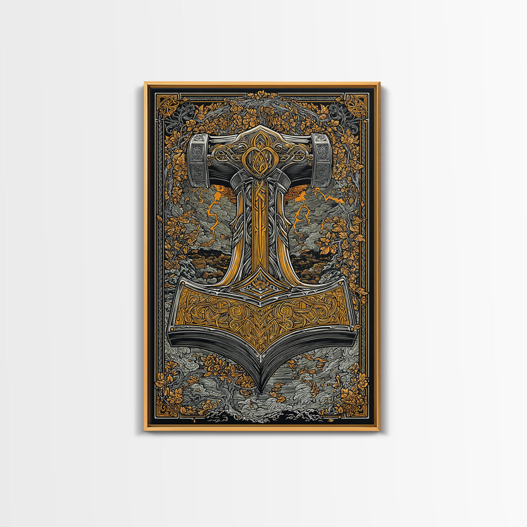 Norse Viking Wall Art of Mjolnir Hammer, Canvas Gold Art and Canvas Art, mythology-inspired décor framed in real wood for dad gift