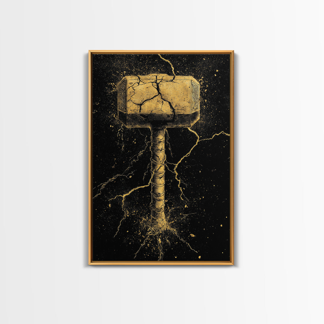 Thor’s Mjolnir Canvas Gold Art, Viking Canvas Art from Norse Mythology, framed in real wood, striking office wall art and man cave gift