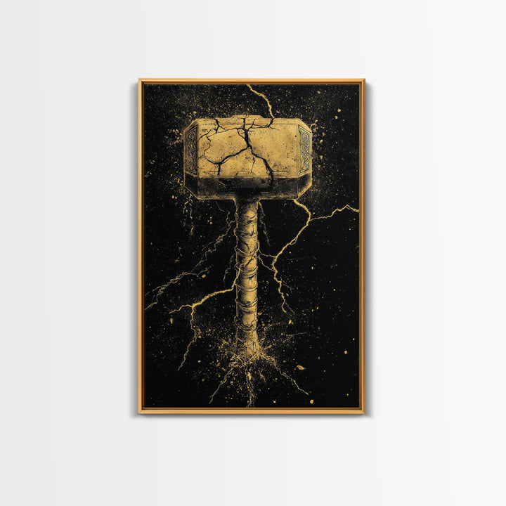 Thor’s Mjolnir Canvas Gold Art, Viking Canvas Art from Norse Mythology, framed in real wood, striking office wall art and man cave gift