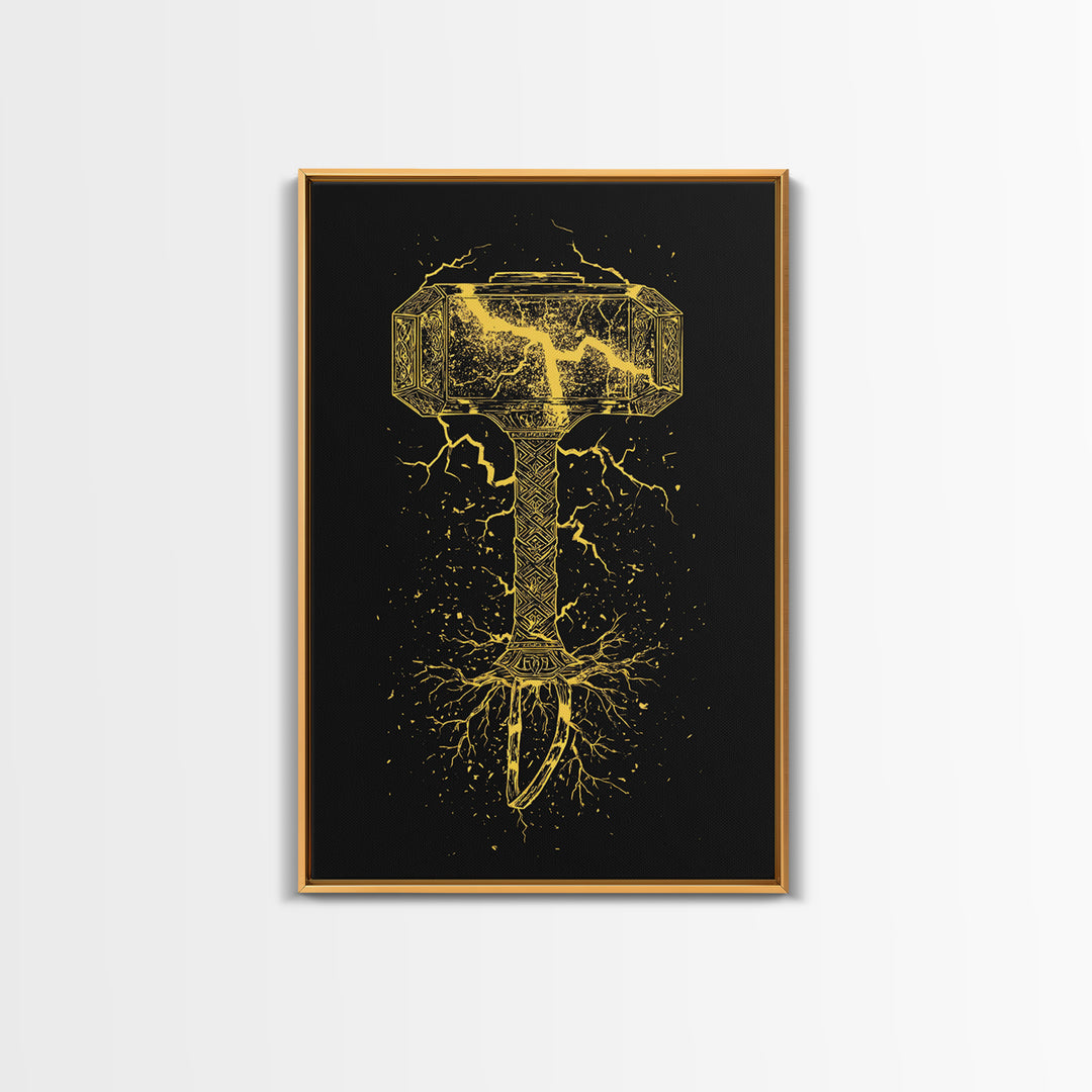 Mjolnir Thor’s Hammer Canvas Gold Art Canvas Art | Norse Viking Mythology Wall Decor | Office or Man Cave framed in wood
