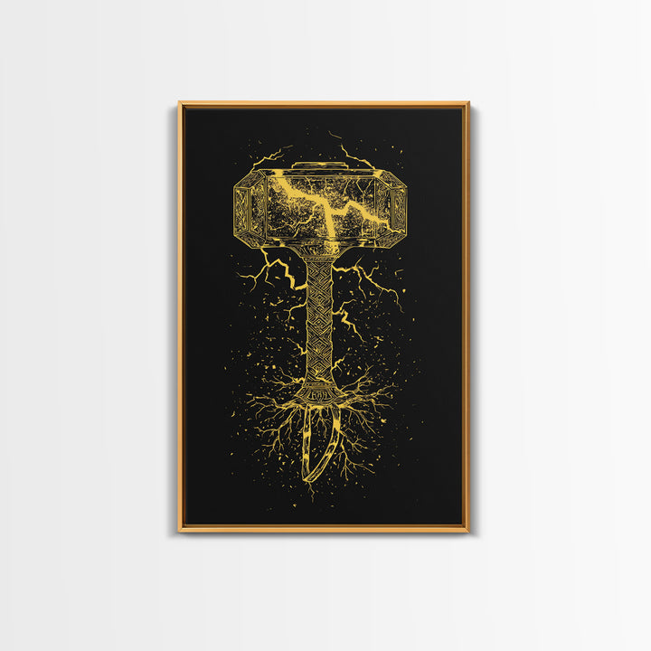 Mjolnir Thor’s Hammer Canvas Gold Art Canvas Art | Norse Viking Mythology Wall Decor | Office or Man Cave framed in wood