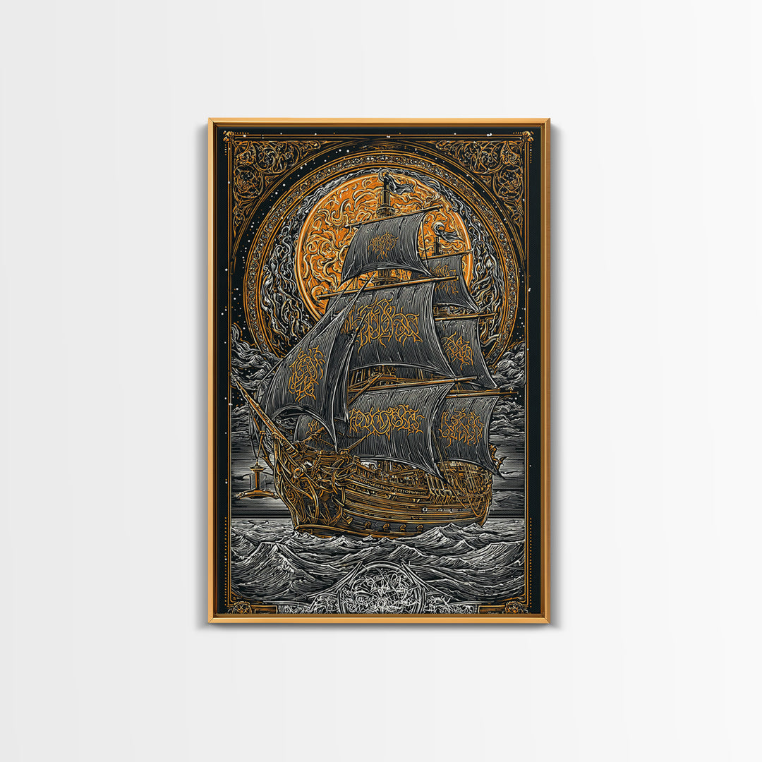 Viking Naglfar Ship Wall Art, Canvas Gold Art and Norse Canvas Art, Nordic Mythology scene framed in real wood for office or dad décor