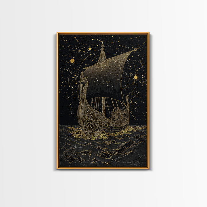 Norse Naglfar Viking Ship Artwork, Canvas Gold Art and Canvas Art, Nordic Mythology wall décor framed in real wood, unique dad gift