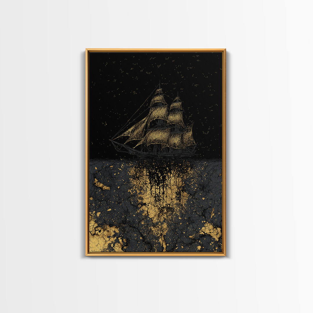 Canvas Gold Art of the Ship Naglfar, Viking Mythology Canvas Art, Norse legend inspired décor framed in natural wood for man cave wall