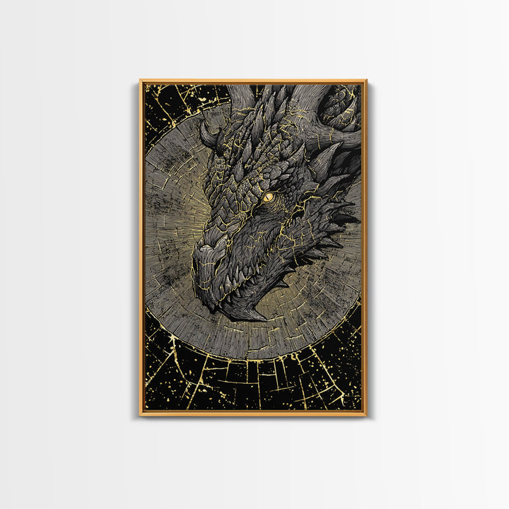 Canvas Gold Art of Nidhogg Dragon Head, Norse Mythology Canvas Art for Man Cave or Office, Viking Wall Decor framed in natural wood