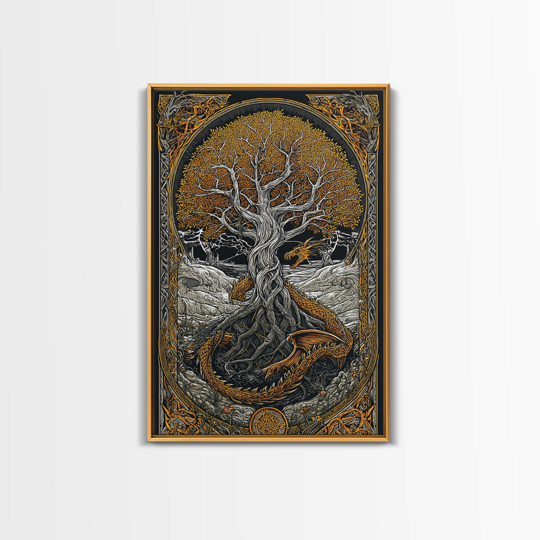 Yggdrasil World Tree Canvas Gold Art, Norse Mythology Canvas Art with Nidhogg Dragon, Viking Wall Decor framed in Real Wood